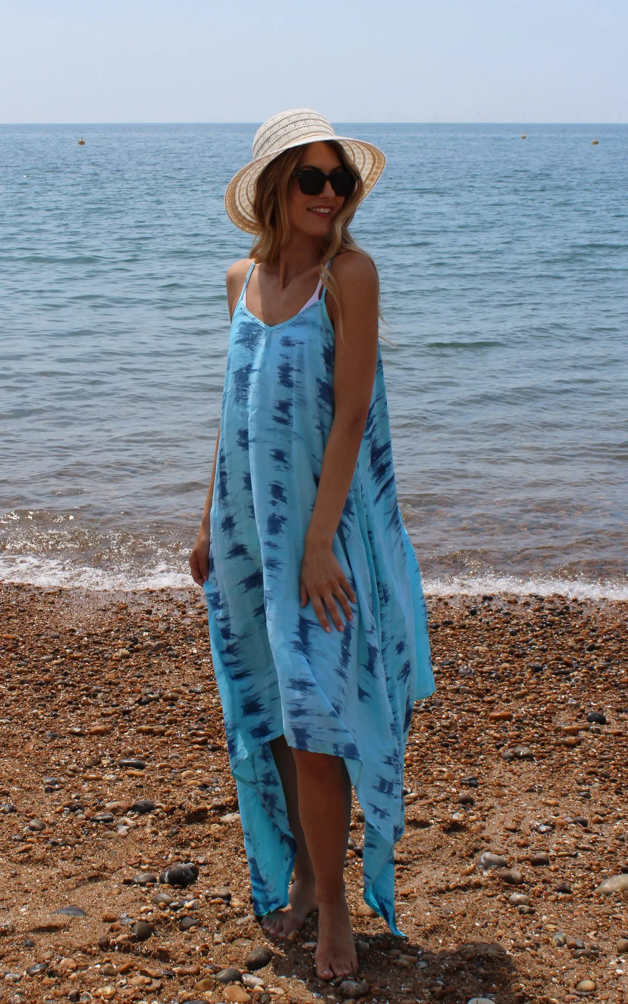 Blue Tie Dye Strappy Asymmetrical Dress