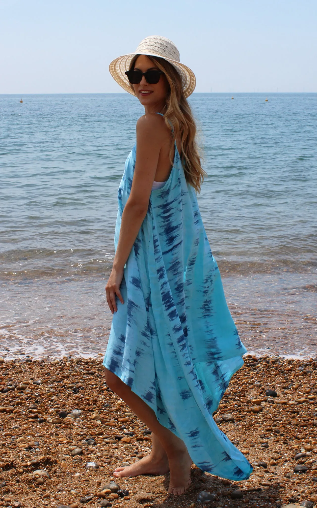 Blue Tie Dye Strappy Asymmetrical Dress