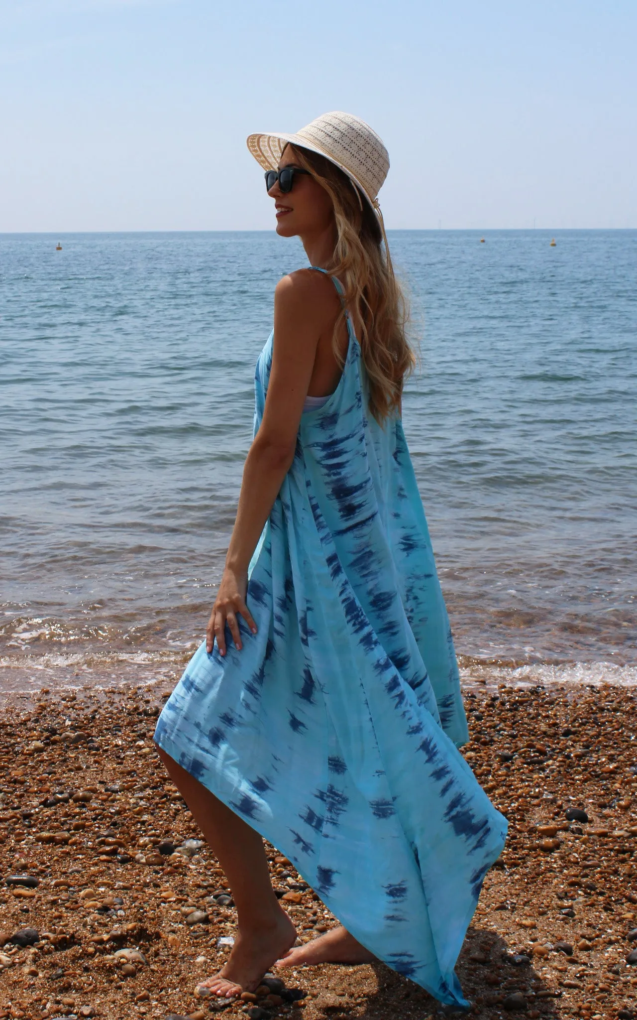 Blue Tie Dye Strappy Asymmetrical Dress