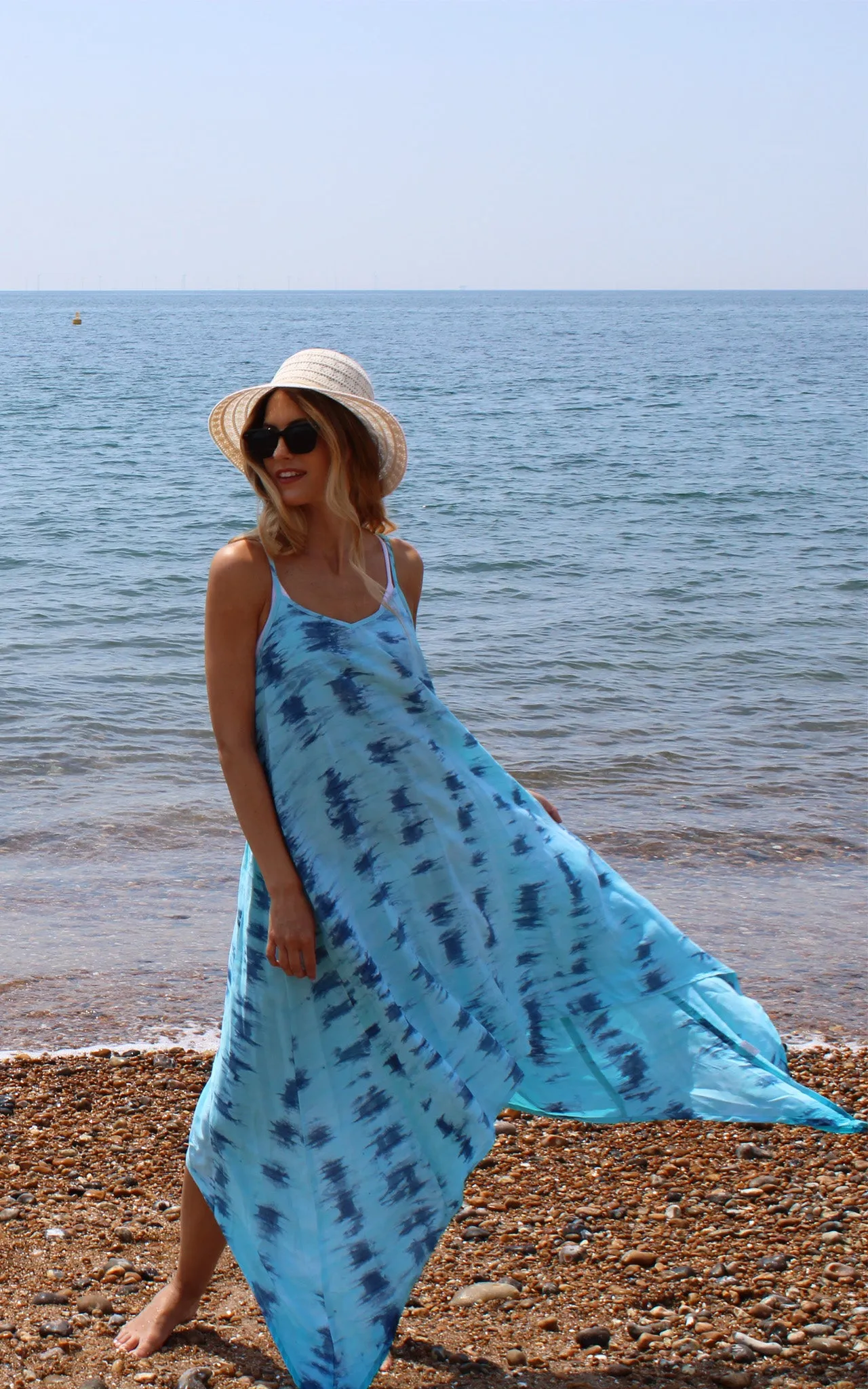 Blue Tie Dye Strappy Asymmetrical Dress