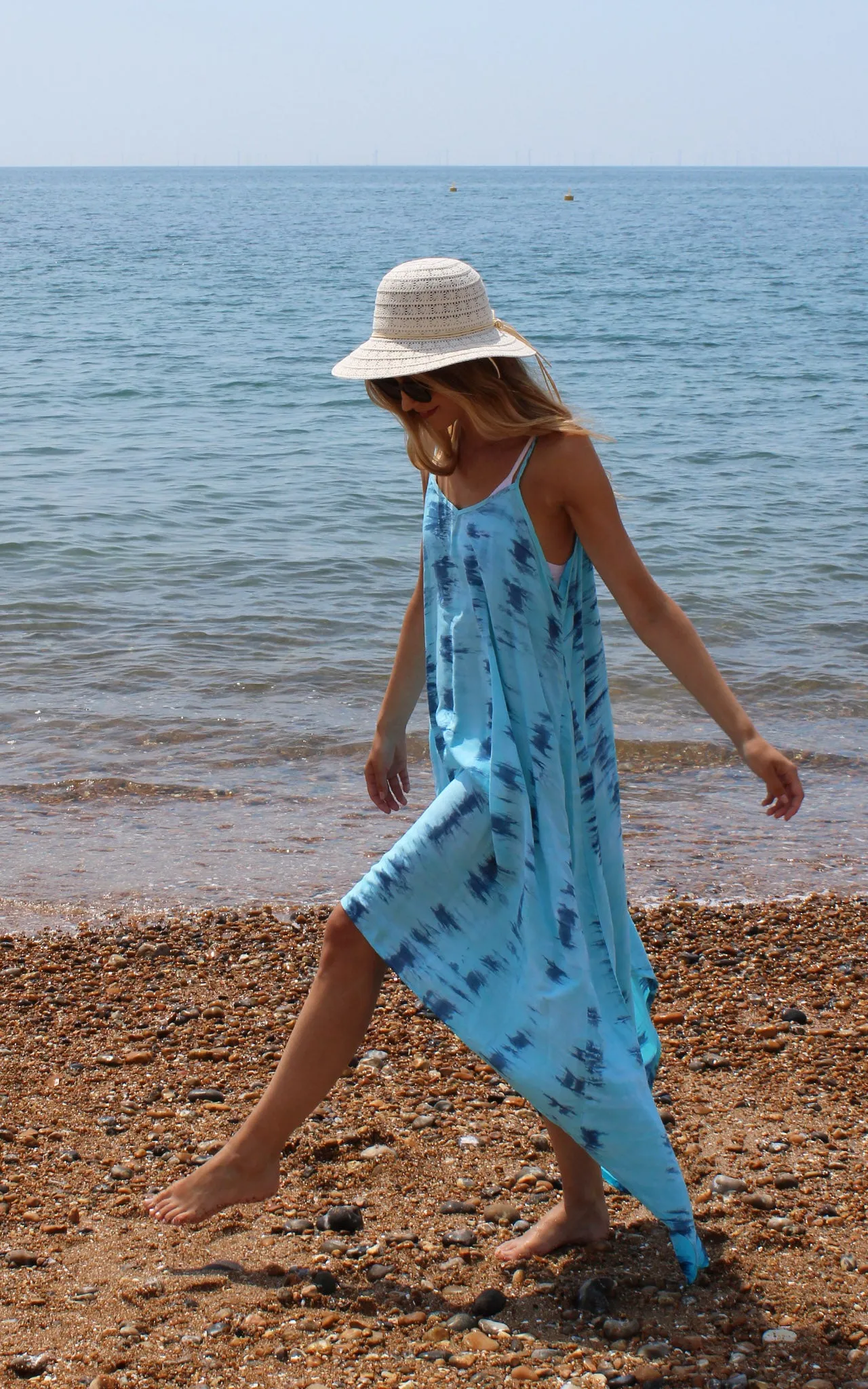 Blue Tie Dye Strappy Asymmetrical Dress