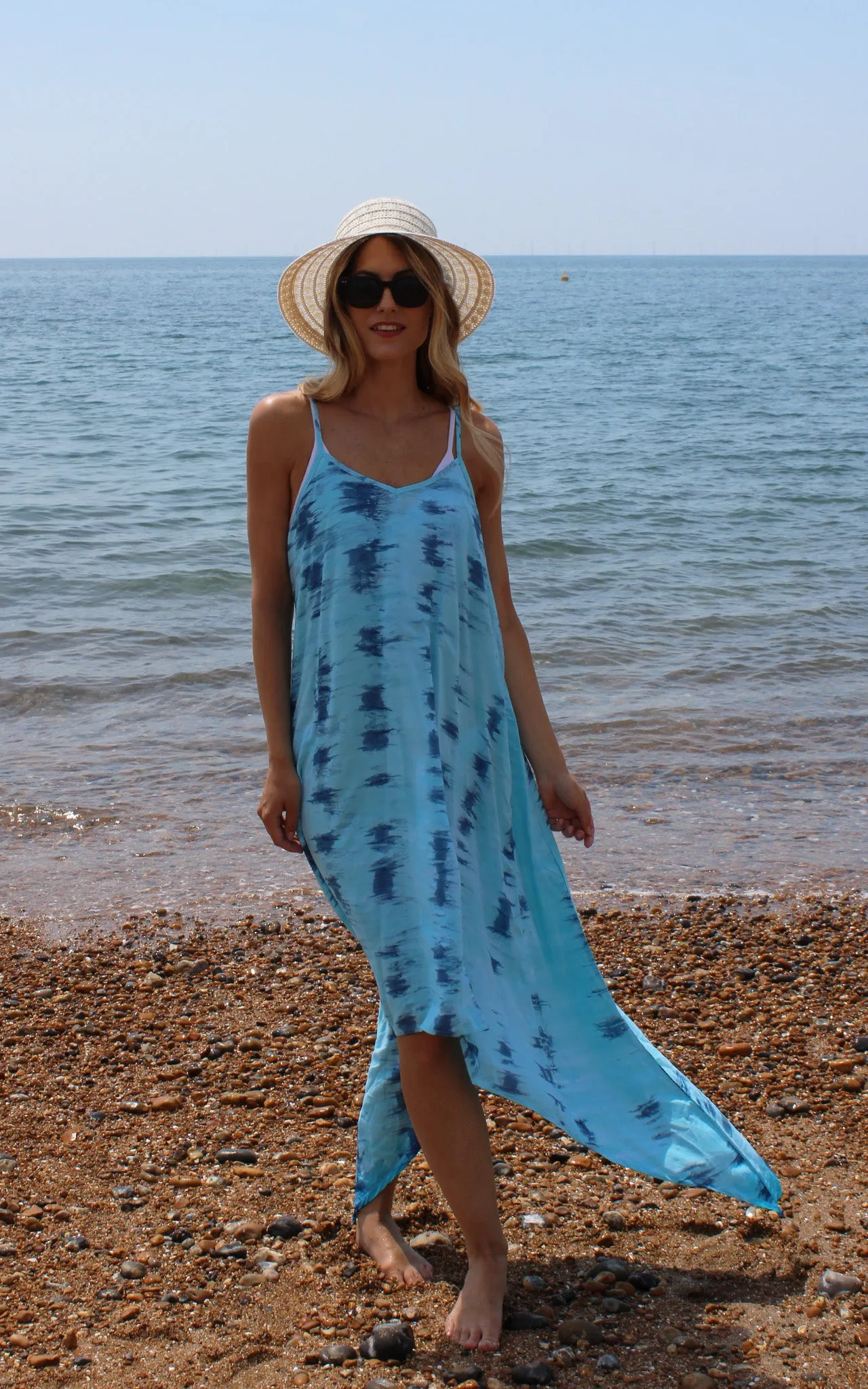Blue Tie Dye Strappy Asymmetrical Dress