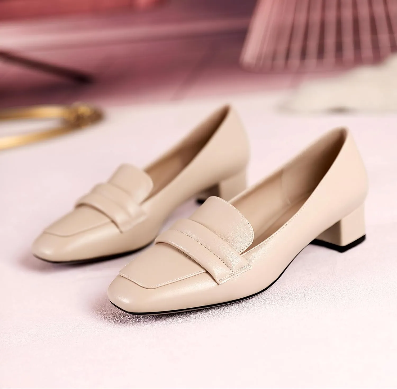 Joseywade Women Low Block Chunky Heel Pumps Square Toe Slip On 1.5'' Closed Toe Loafer Shoes for Wedding Office Evening Workplace
