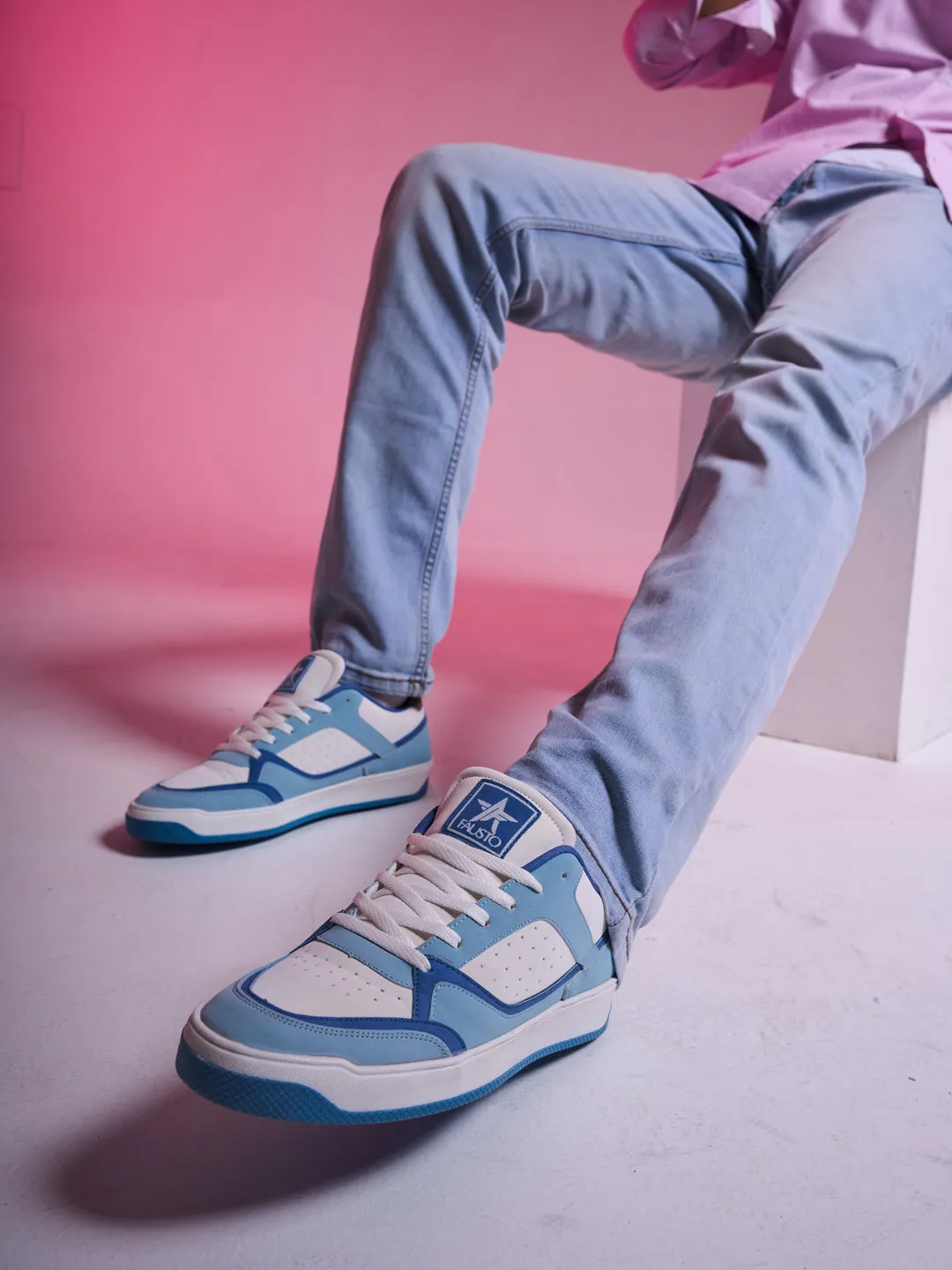 Men Blue Colorblocked Low Ankle Contrast Sole Lace Up Sneakers|Classic Combine Style Sneaker Shoes|Lace Up Casual Shoes