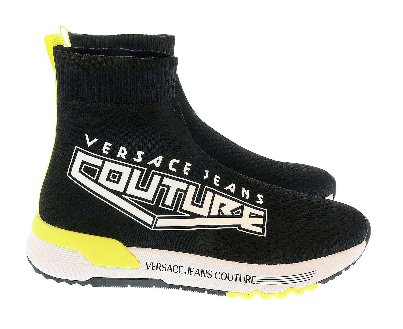 Versace Jeans Couture Black Neon Yellow Knit Sock Fashion Ankle Boot Sneakers-