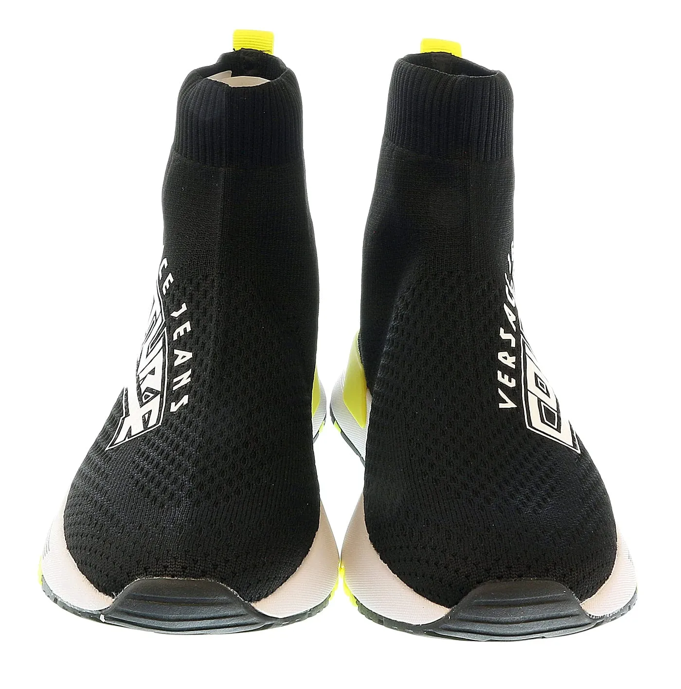 Versace Jeans Couture Black Neon Yellow Knit Sock Fashion Ankle Boot Sneakers-