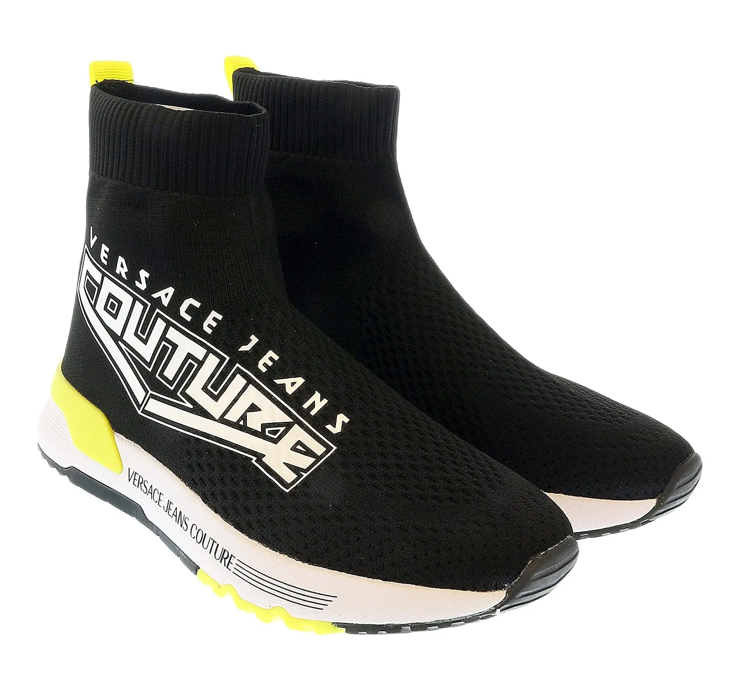 Versace Jeans Couture Black Neon Yellow Knit Sock Fashion Ankle Boot Sneakers-